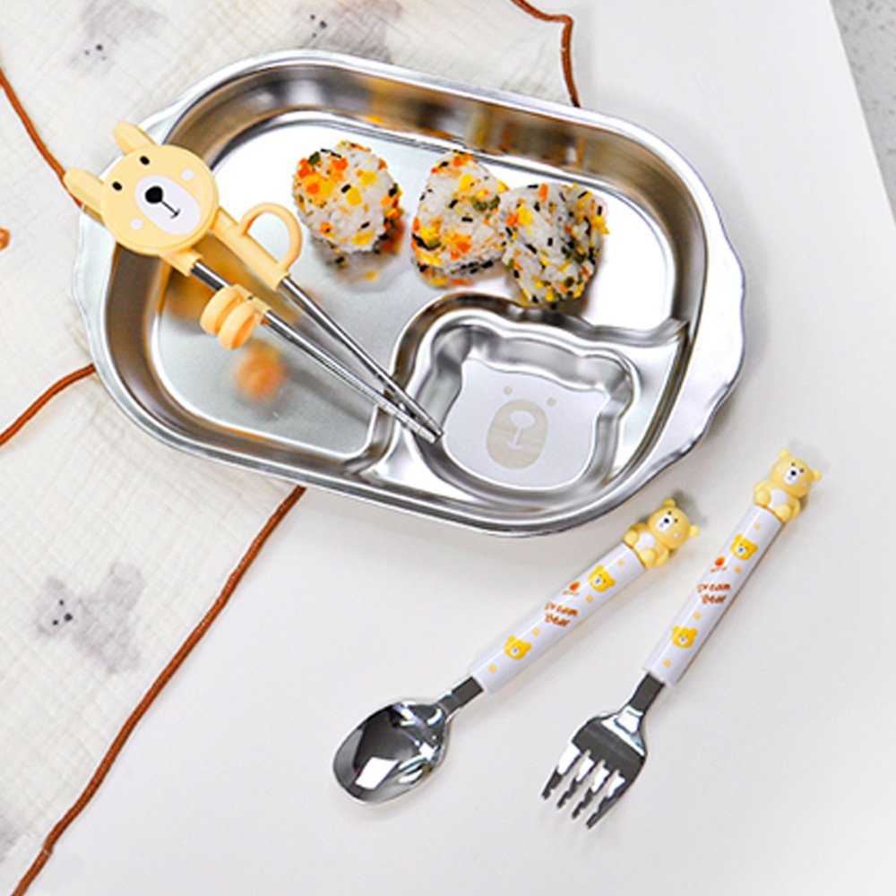 스텐 유아 식기 어린이집 유치원 나눔식판 아기 캐릭터 간식 그릇 베어 스텐 2구 접시 상세 이미지 1